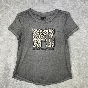 MTV Women's Medium Heathered Gray Cheetah Print Logo Tee